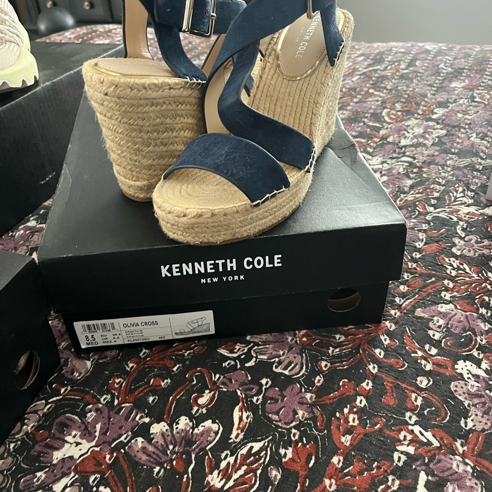 Kenneth Cole Blue and Tan Wedge Sandals